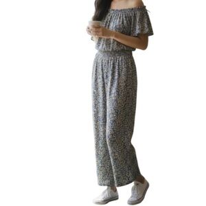 Patrons of Peace Floral Smocked Wide Leg Jumpsuit Blue Tan Off The Shoulder M